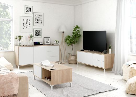 Coffee table in natural/white wood, 100x50x40 cm | BROOKLYN
