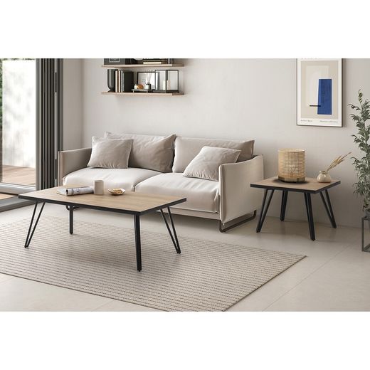 Kwadratowy stolik kawowy z drewna i metalu w kolorze naturalnym i czarnym, 120 x 60 x 45 cm | Sindi