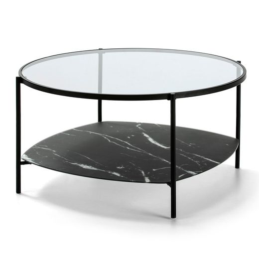 Glazen salontafel en voet in zwart marmer-effect, Ø86 x 43 cm
