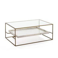Mesa de centro em vidro e mármore branco/dourado, 111x76x45cm