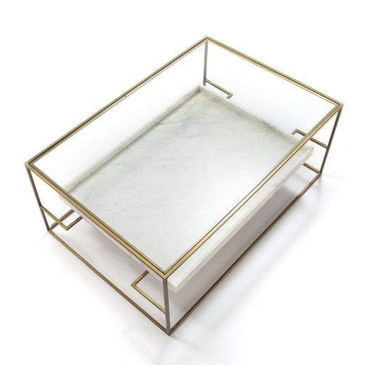 Vitt/guld soffbord i glas och marmor, 111x76x45cm