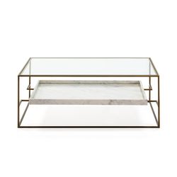Mesa de centro em vidro e mármore branco/dourado, 111x76x45cm
