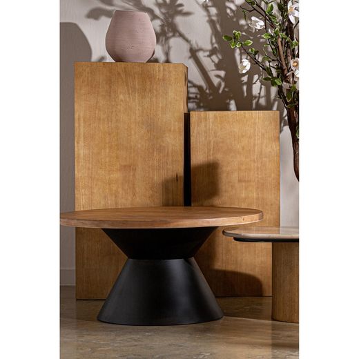 Salontafel van beuken en ijzer in naturel en zwart, Ø 80 x 40 cm | Amilly