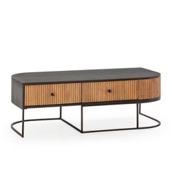Mesa de centro em madeira de mangueira e metal, com acabamento em carvalho e preto, 120 x 60 x 40 cm | Curva