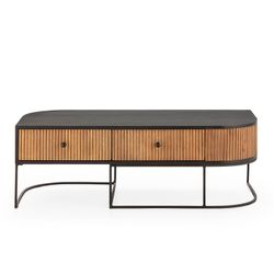 Mesa de centro em madeira de mangueira e metal, com acabamento em carvalho e preto, 120 x 60 x 40 cm | Curva