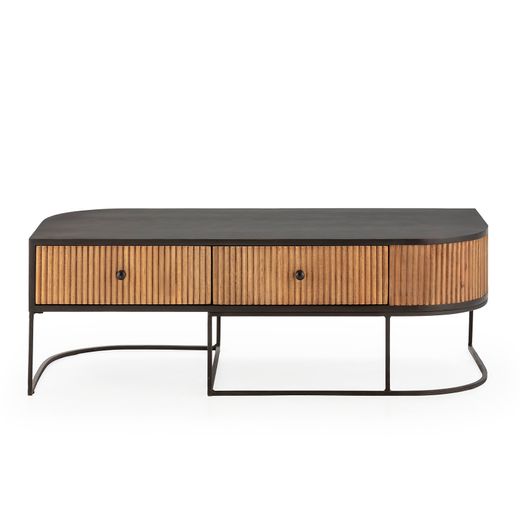 Mesa de centro em madeira de mangueira e metal, com acabamento em carvalho e preto, 120 x 60 x 40 cm | Curva