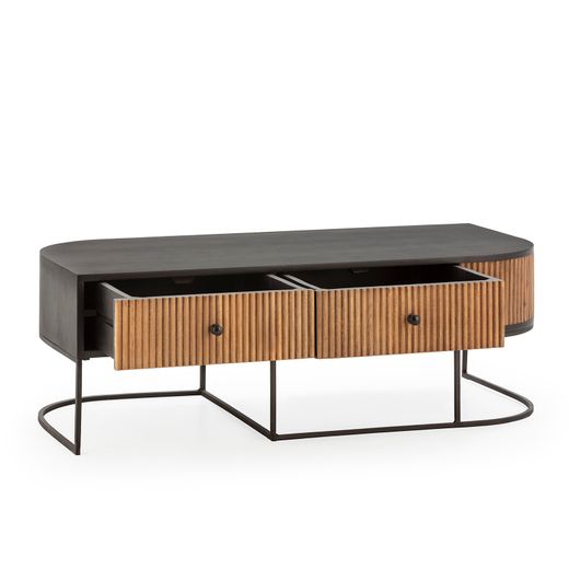 Mesa de centro em madeira de mangueira e metal, com acabamento em carvalho e preto, 120 x 60 x 40 cm | Curva