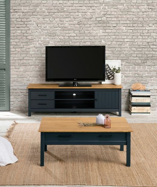 Conjunto de salón compuesto por mueble TV, aparador de 150 cm y mesa de centro en color azul | Miranda