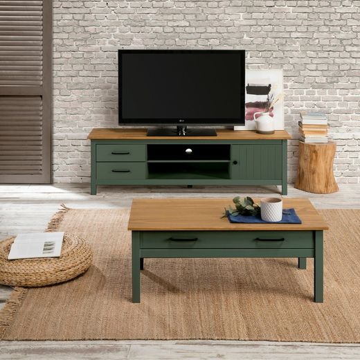 Conjunto de salón compuesto por mueble TV, aparador de 150 cm y mesa de centro en color verde | Miranda