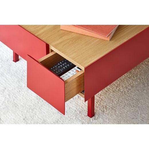 Couchtisch aus Holz in Burgunderrot und Eichenfarbe, 110 x 60 x 34 cm | Rand