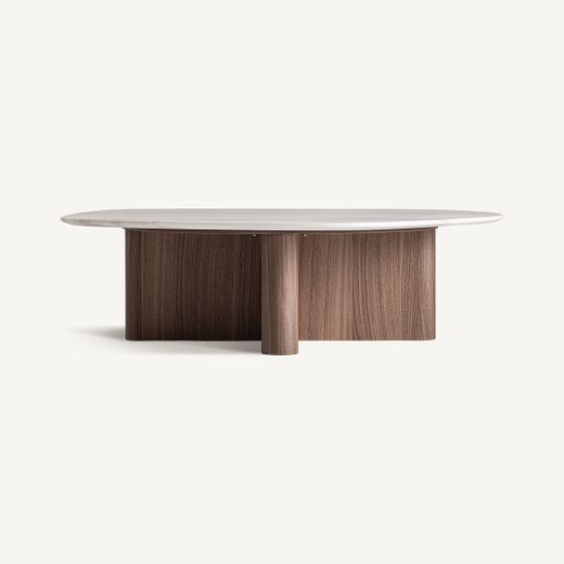 Mesa de centro de madera y mármol en marrón y blanco, 120 x 110 x 35 cm | Oyace