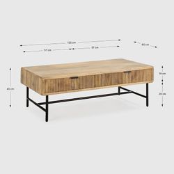 Salontafel van hout en metaal in naturel en zwart, 120 x 60 x 45 cm | Mundra