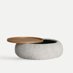 Mesa de centro de madera y tejido en beige, 102 x 102 x 34 cm | Sils