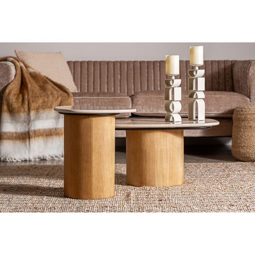 Salontafel van marmer en beukenhout in beige en natuurlijke kleur, 73 x 41 x 34 cm | Lorach