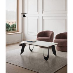 Witte salontafel van steen en metaal, 120 x 65 x 44,5 cm | Aila