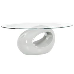 Mesa de Centro Ovalada de Cristal y Fibra de Vidrio Blanca 110x60x42 cm
