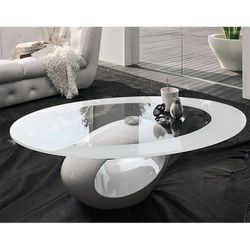 Mesa de Centro Ovalada de Cristal y Fibra de Vidrio Blanca 110x60x42 cm