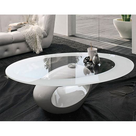 Mesa de Centro Ovalada de Cristal y Fibra de Vidrio Blanca 110x60x42 cm