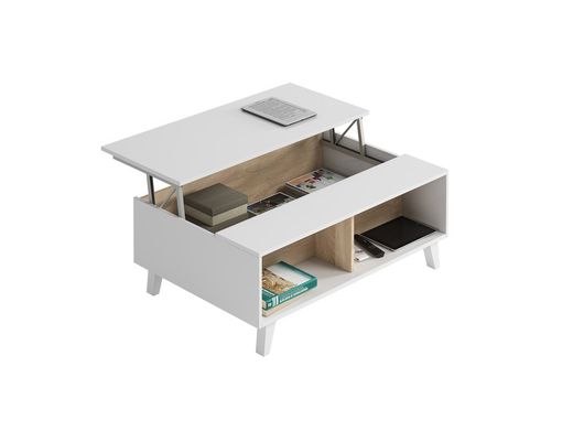 Lift-up coffee table in glossy white and oak finish, 100 x 68 x 38 cm