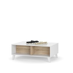 Lift-up coffee table in glossy white and oak finish, 100 x 68 x 38 cm