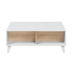 Lift-up coffee table in glossy white and oak finish, 100 x 68 x 38 cm