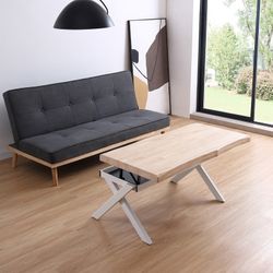 Height-adjustable coffee table in natural/white wood and metal, 120 x 66 x 47/60 cm | Xena