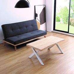 Height-adjustable coffee table in natural/white wood and metal, 120 x 66 x 47/60 cm | Xena