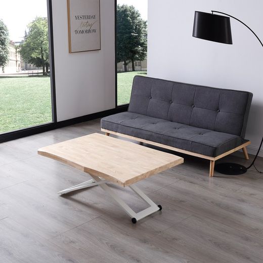 Table basse à plateau relevable en bois naturel/blanc et métal, 120 x 80 x 49/76 cm | Zoé