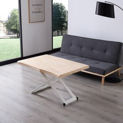 Table basse à plateau relevable en bois naturel/blanc et métal, 120 x 80 x 49/76 cm | Zoé