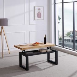 Table basse relevable en bois naturel/noir et métal, 120 x 60 x 47,5/62,5 cm | grenier