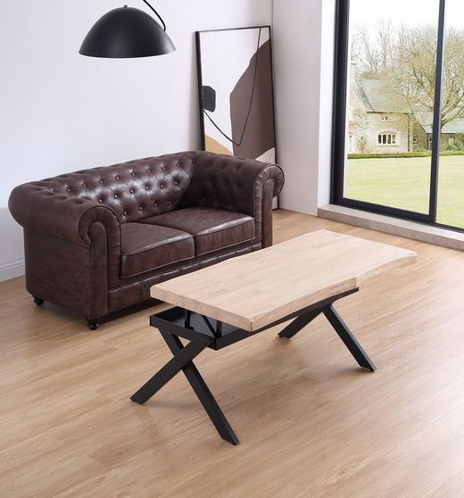 Table basse à plateau relevable en bois naturel/noir et métal, 120 x 66 x 47/60 cm | Xéna