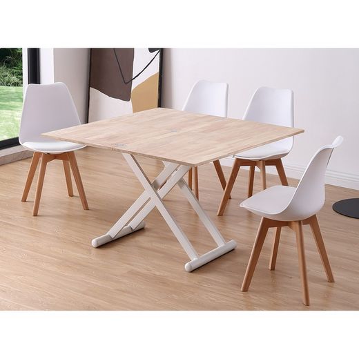 Table basse à plateau relevable en chêne et métal naturel clair et blanc, 110 x 57/114 x 49/76 cm | Naturel