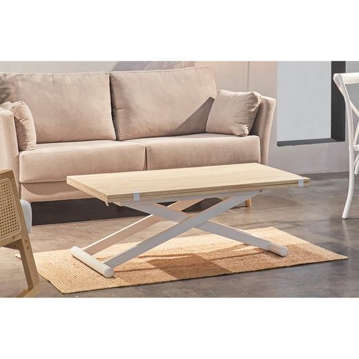 Table basse à plateau relevable en chêne et métal naturel clair et blanc, 110 x 57/114 x 49/76 cm | Naturel