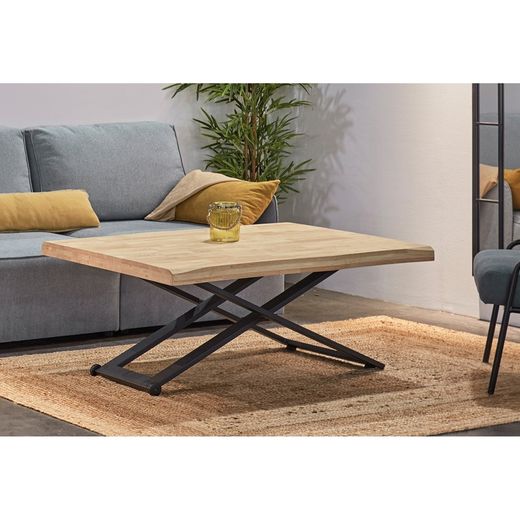 Table basse relevable en chêne et métal naturel clair et noir, 180 x 80 x 49/76 cm | Zoé