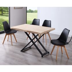 Table basse relevable en chêne et métal naturel clair et noir, 180 x 80 x 49/76 cm | Zoé
