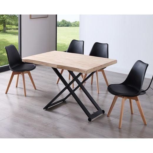 Table basse relevable en chêne et métal naturel clair et noir, 180 x 80 x 49/76 cm | Zoé