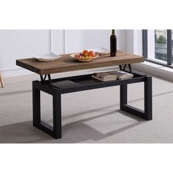 Table basse relevable en chêne et métal naturel foncé et noir, 120 x 60 x 47.5/62.5 cm | grenier