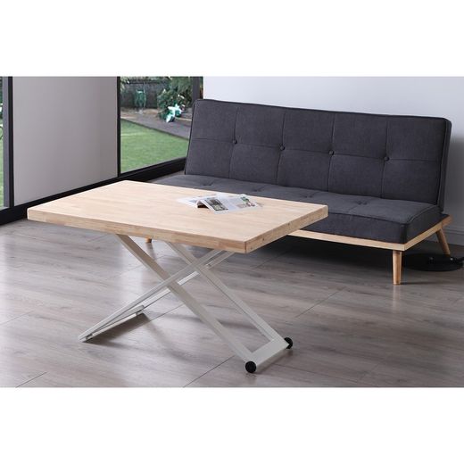 Gladde opklapbare salontafel van eikenhout en metaal in licht naturel en wit, 120 x 80 x 49/76 cm | zoë