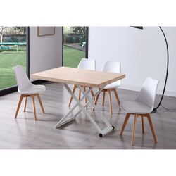 Gladde opklapbare salontafel van eikenhout en metaal in licht naturel en wit, 120 x 80 x 49/76 cm | zoë