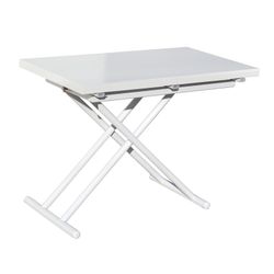 Höhenverstellbarer und ausziehbarer Couchtisch aus weißem Holz und Metall, 100 x 50/100 x 48/74,5 cm | oben unten