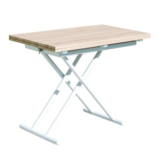 Höhenverstellbarer und ausziehbarer Couchtisch in Holz natur/weiß und Metall, 100 x 50/100 x 48/74,5 cm | oben unten