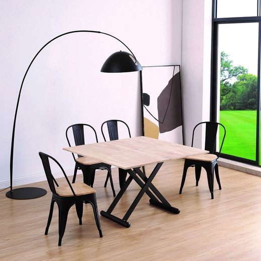 Table basse réglable en hauteur et extensible en bois naturel/noir et métal, 110 x 57/114 x 49/76 cm | Naturel