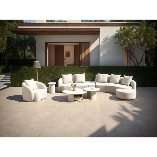 Beige aluminum and olefin garden sofa, armchair, pouf, and table set | Corinto