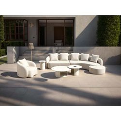 Beige aluminum and olefin garden sofa, armchair, pouf, and table set | Corinto
