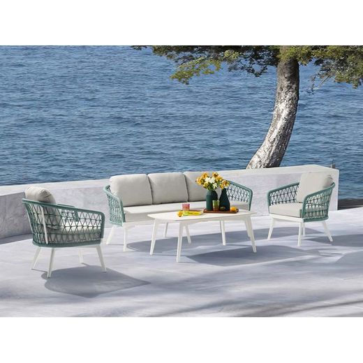 Aluminum and rope garden sofa set in white and aqua | Nelayan