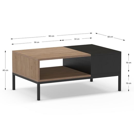 Mesa de centro retangular em madeira e metal, carvalho e preto, 90 x 56 x 40 cm | Cailin