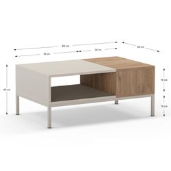 Prostokątny stolik kawowy z drewna i metalu, kolor kremowy i dębowy, 90 x 56 x 40 cm | Cailin