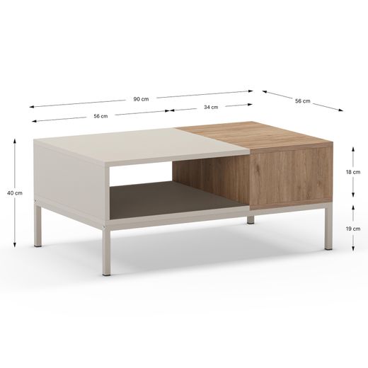 Prostokątny stolik kawowy z drewna i metalu, kolor kremowy i dębowy, 90 x 56 x 40 cm | Cailin