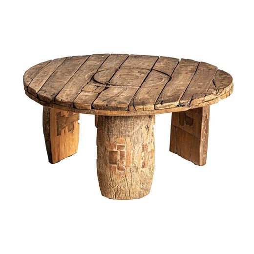 BADAI Table Basse Ronde en Bois de Manguier Rouge, Ø80x35 cm.