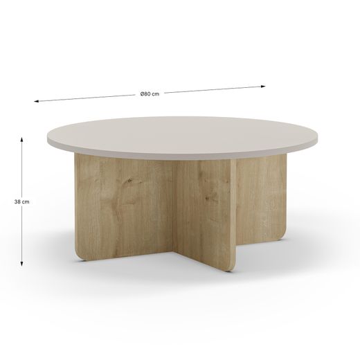 Okrągły drewniany stolik kawowy w kolorze dębowym i kremowym, 80 x 80 x 38 cm | Hillary